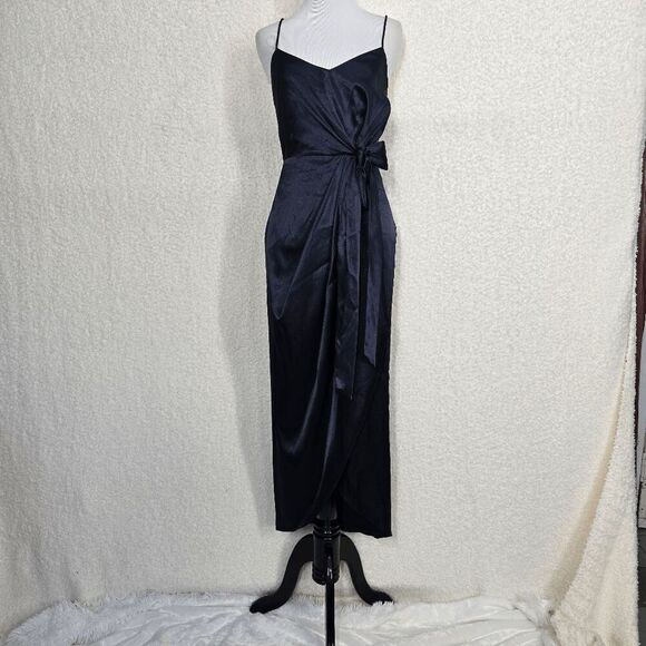 After Six 6828 Midnight Blue Charmeuse Faux Wrap Midi Dress Tulip Skirt 12R